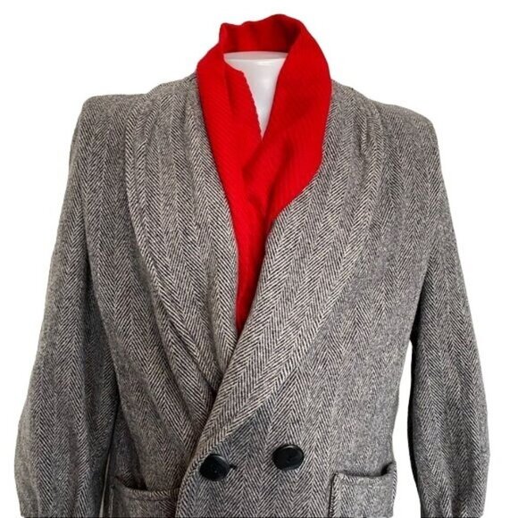 Herman Kay Vintage Pea Double Breasted Coat With Red Scarf Herringbone Tweed Siz - Picture 5 of 15